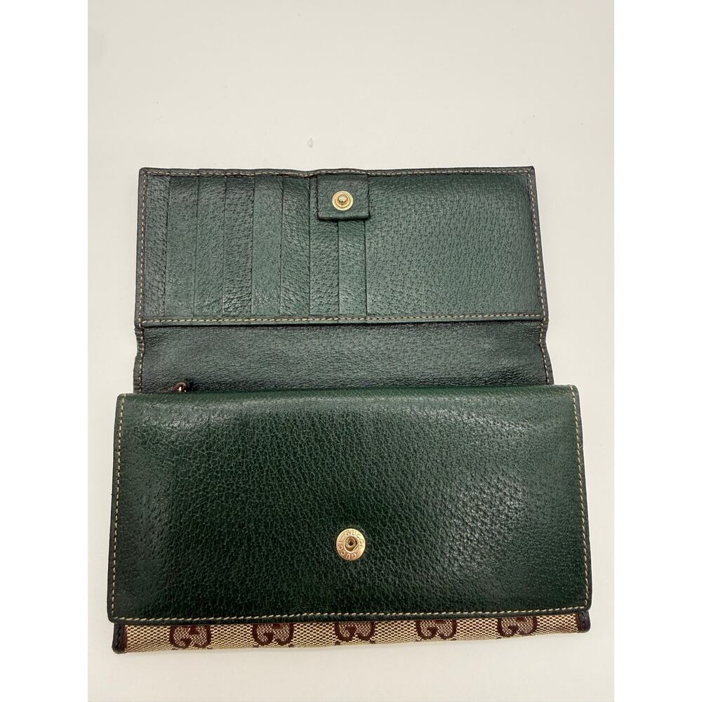 Vintage Gucci GG Canvas W Flap Continental Wallet Forest Green Leather Metal Bar - Picture 2 of 14
